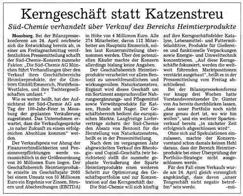 S�d Chemie verhandelt �ber Verkauf des Bereichs Heimtierprodukte, 2006