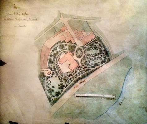 Plan vom Schlo�-Garten des Herrn Grafen von La Rose� in Isareck, um 1850