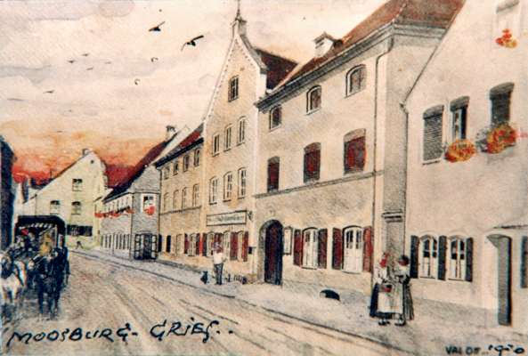 Moosburg Gries, Aquarell von Valentin Ott 1930