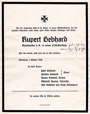 Todesanzeige Rupert Gebhard, †24.09.1940