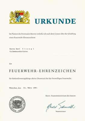1981, Feuerwehr Ehrenzeichen, Karl Stangl