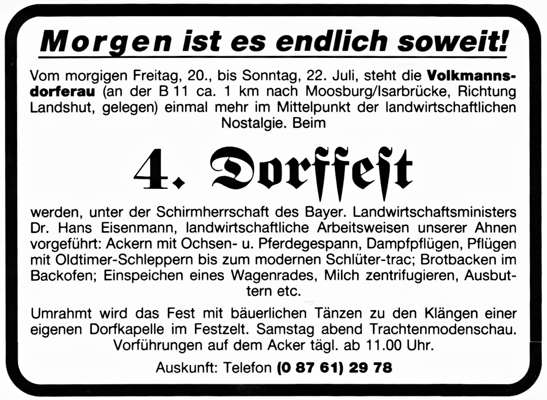 Inserat Einladung zum 4. Dorffest Volkmannsdorferau 1984