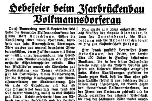 Zeitungsbericht �ber die Hebefeier beim Isarbr�ckenbau Volkmannsdorferau - 1935