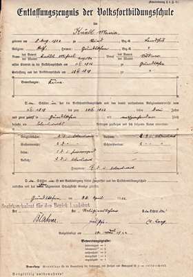 Entlassungszeugnis der Volksfortbildungsschule Maria Kn�bl (sp�ter verh. M�ller), *1906 †1978