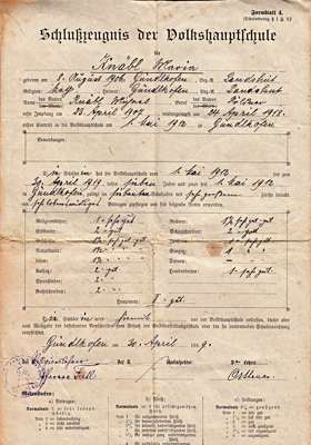 Schlu�zeugnis derVolkshauptschule Maria Kn�bl (sp�ter verh. M�ller), *1906 †1978