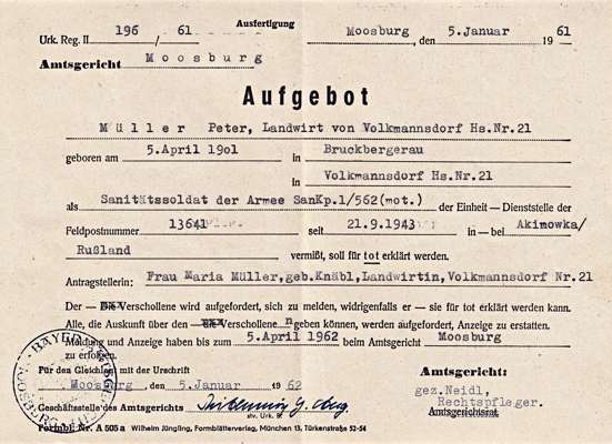 Aufgebot: der Vermi�te Peter M�ller soll f�r tot erkl�rt werden - 1961