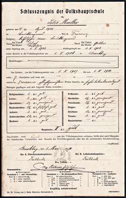 Schlusszeugnis der Volkshauptschule f�r Peter M�ller *05.04.1901 †21.09.1943 (vermi�t)