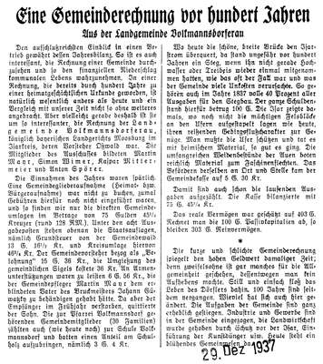 Eine Gemeinderechnung vor hundert Jahren, 29.12.1937, Aus der Landgemeinde Volkmannsdorferau