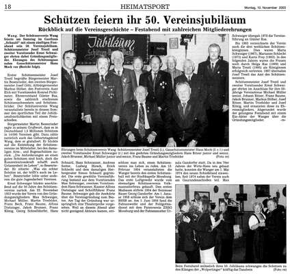 Sch�tzen feiern ihr 50. Vereinsjubil�um - 10.11.2003