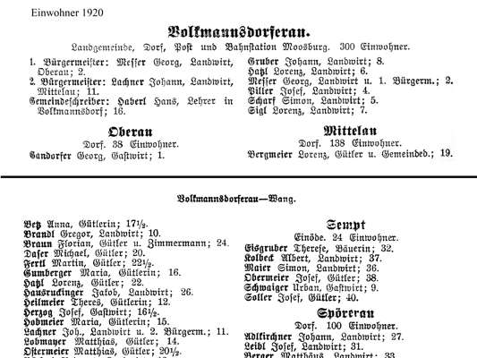 Einwohner in Volkmannsdorferau, Oberau, Mittelau, Sempt, Sp�rrerau, Wang ... aus Adressbuch von 1920