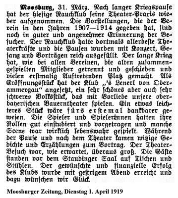 Rauchklub f�hrt Theater-Praxis fort, MZ Dienstag 1. April 1919