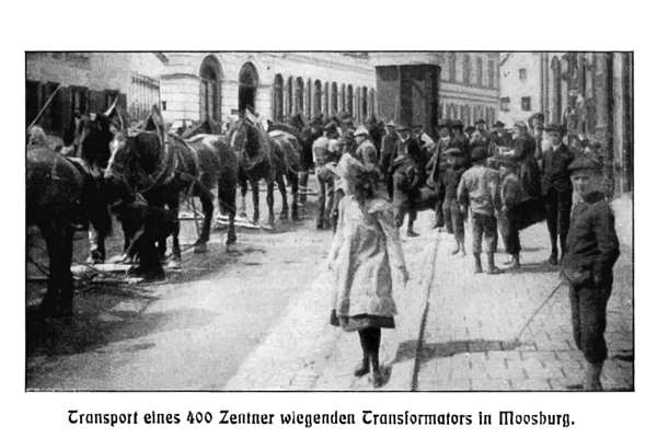 Moosburg Weingraben 1910, Transport eines 400 Zentner wiegenden Transformators