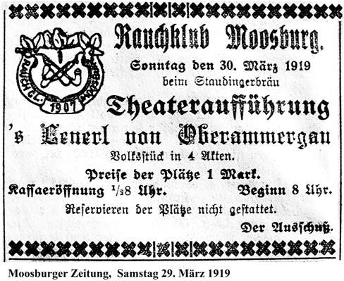 Anzeige Theaterauff�hrung des Rauchklubs, MZ Samstag 29. M�rz 1919