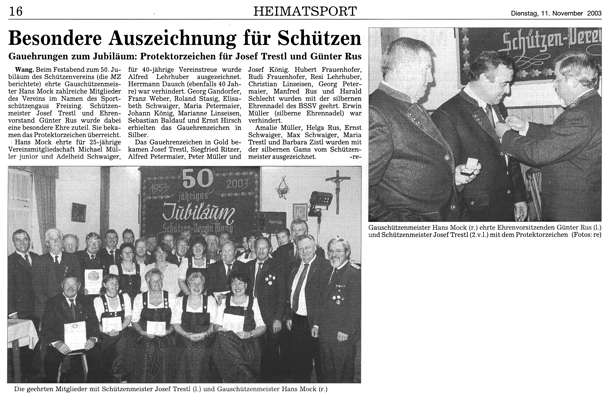 Gauehrungen zum 50. Jubil�um des Sch�tzenverein Wang - 11.11.2003