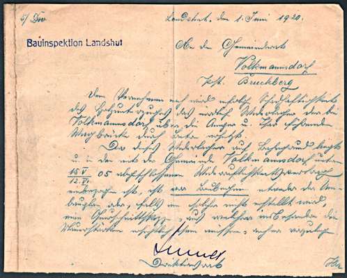 1920 - Schriftverkehr zum Baugesuch �ber Herstellung eines Br�ckenpfeilers