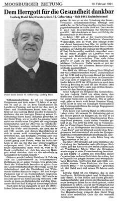 Ludwig Hatzl feiert heute seinen 75. Geburtstag, Moosburger Zeitung Dienstag 19. Februar 1991
