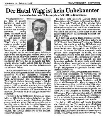 Der Hatzl Wigg vollendet heute sein 70. Lebensjahr, Moosburger Zeitung Mittwoch 19. Februar 1986