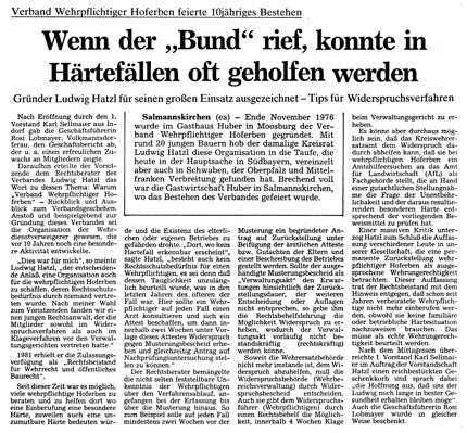 Verband Wehrpflichtiger Hoferben feierte 10j�hriges Bestehen, auf Initiative von Ludwig Hatzl1976 gegr�ndet