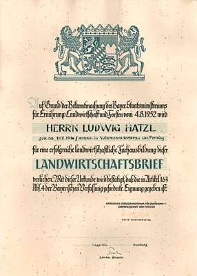 Landwirtschaftsbrief f�r erfolgreiche landwirtschaftliche Fachausbildung 1953