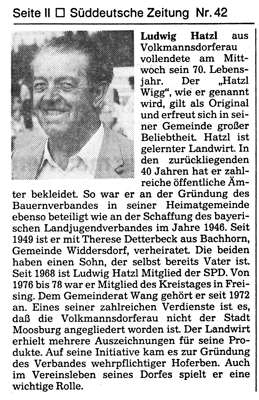 Ludwig Hatzl Wigg vollendete sein 70. Lebensjahr, S�ddeutsche Zeitung Nr. 42 1986