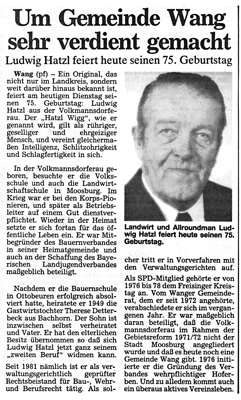 Ludwig Hatzl feiert heute seinen 75. Geburtstag, Zeitung Dienstag 19. Februar 1991