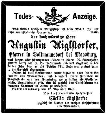 Todesanzeige Pfarrer Augustin Aiglstorfer *22.11.1826 †17.12.1876