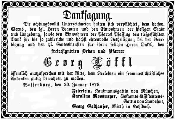 Danksagung Pfarrer Georg L�ffl *24.04.1802 †13.01.1875