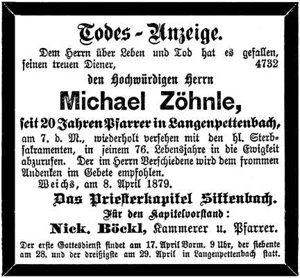 Todesanzeige Pfarrer Michael Z�hnle *23.03.1854 †07.04.1879