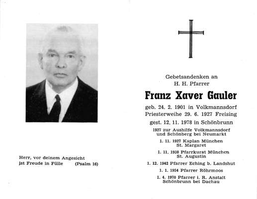 Sterbebildchen Pfarrer Franz Xaver Gauler *24.02.1901 †12.11.1978