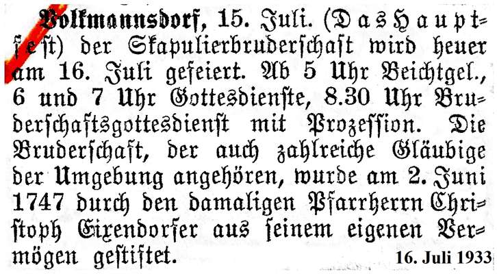 Hauptfest der Skapulierbruderschaft 16. Juli 1933