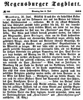 30. Juni 1869 - Namensfest des Herrn Benefiziaten Peter Hauser *25.06.1824 in Plattling