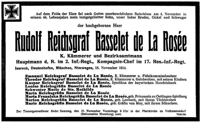 Todesanzeige Rudolf Reichsgraf Basselet de La Ros�e *1879 †1914