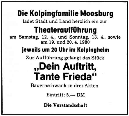 Anzeige KGV Theater „Dein Auftritt Tante Frieda“ MZ 09.04.1980