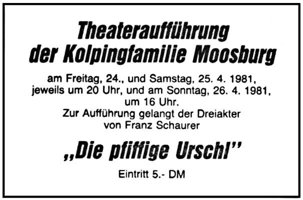 Anzeige KGV Theater „Die pfiffige Urschl“ 1981