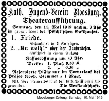 Anzeige des Kath. Jugend-Verein Theaterauff�hrung am 11. Mai 1919