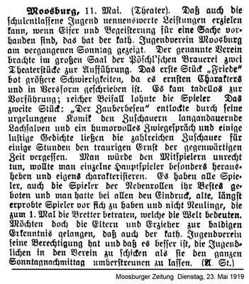 Bericht Kath. Jugend-Verein Theaterauff�hrung am 11. Mai 1919, MZ 23.05.1919