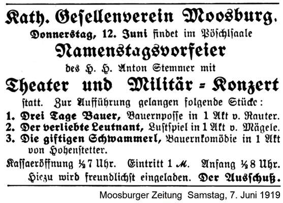Anzeige des Kath. Gesellenverein Mossburg, Namenstagsvorfeier, Theater und Milit�r-Konzert am 12. Juni 1919