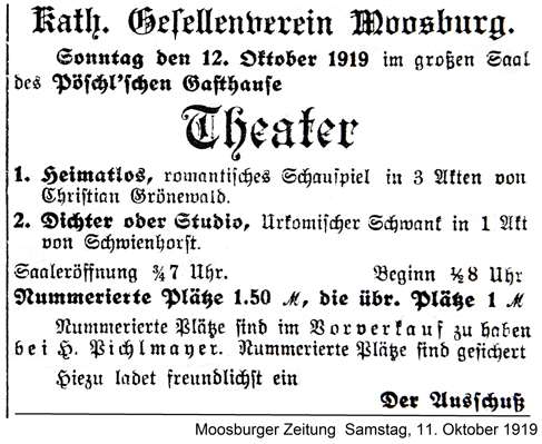 Anzeige des Kath. Gesellenverein Mossburg, Theater am 12. Oktober 1919