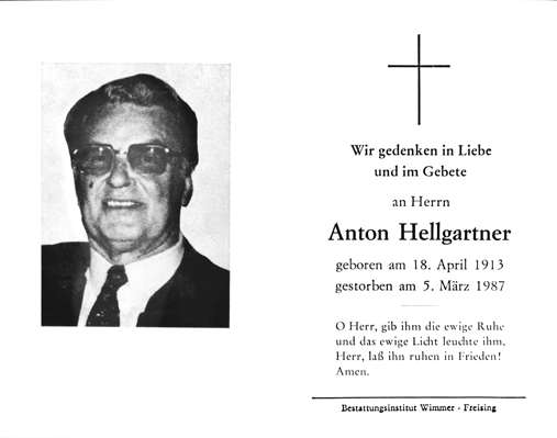 Sterbebildchen  Anton Hellgartner *18.04.1913 †05.03.1987