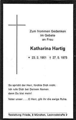 Sterbebildchen 1975 Katharina Hartig *23.02.1901 †27.05.1975