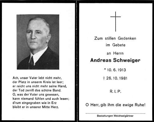 Sterbebildchen 1981 Andreas Schweiger *10.06.1913 †26.10.1981