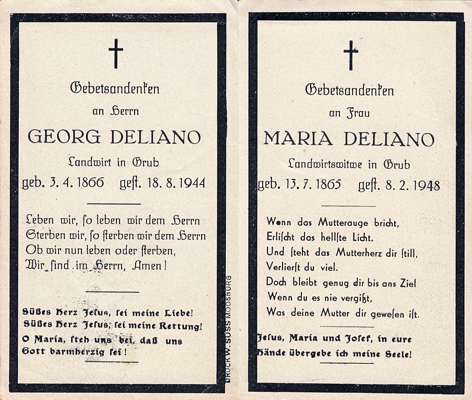 Sterbebildchen 1948 Maria Deliano *13.07.1865 †08.02.1948 Landwirtswitwe in Grub