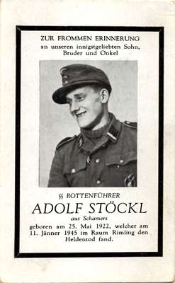 Sterbebildchen 1945 Adolf St�ckl *25.05.1922 †11.01.1945 aus Schamers SS Rottenf�hrer gefallen WK2