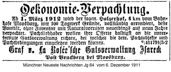 Oekonomie-Verpachtung durch Graf v. La Ros�e'sche Gutsverwaltung 1911