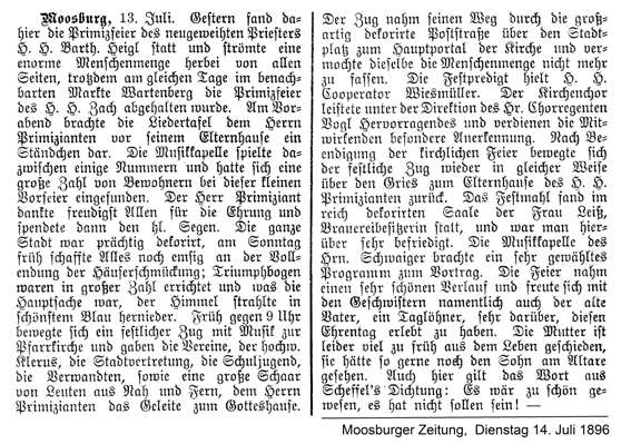 Primizfeier H.H. Bartholom�us Heigl in Moosburg 13. Juli 1896