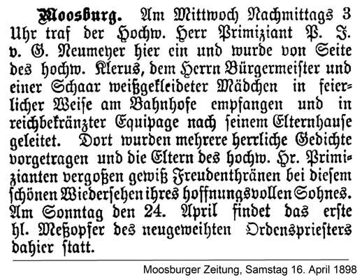 Ankunft des Primizianten Pater Johannes Neumayr in Moosburg am 13. April 1898
