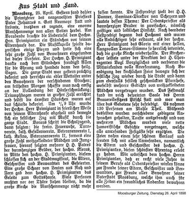 Bericht zur Primizfeier von Pater Johannes Neumayr in Moosburg am 24. April 1898