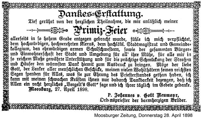 Dankes-Erstattung von Pater Johannes Neumayr am 28. April 1898
