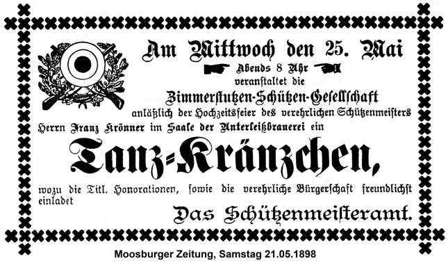 Zimmerstutzen-Sch�tzen-Gesellschaft veranstaltet ein Tanzkr�nzchen, MZ 21.05.1898