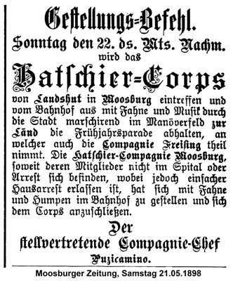 Gestellungs-Befehl Hatschier-Compagnie Moosburg, MZ 21.05.1898